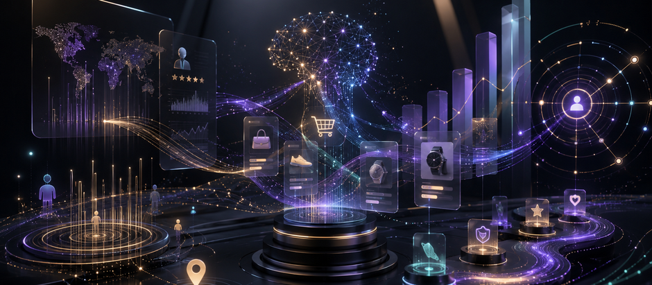 Visual sobre Marketing, IA y Ads, con flujos de datos, redes inteligentes, señales de autoridad digital, elementos de ecommerce y degradados analíticos en una estética futurista.