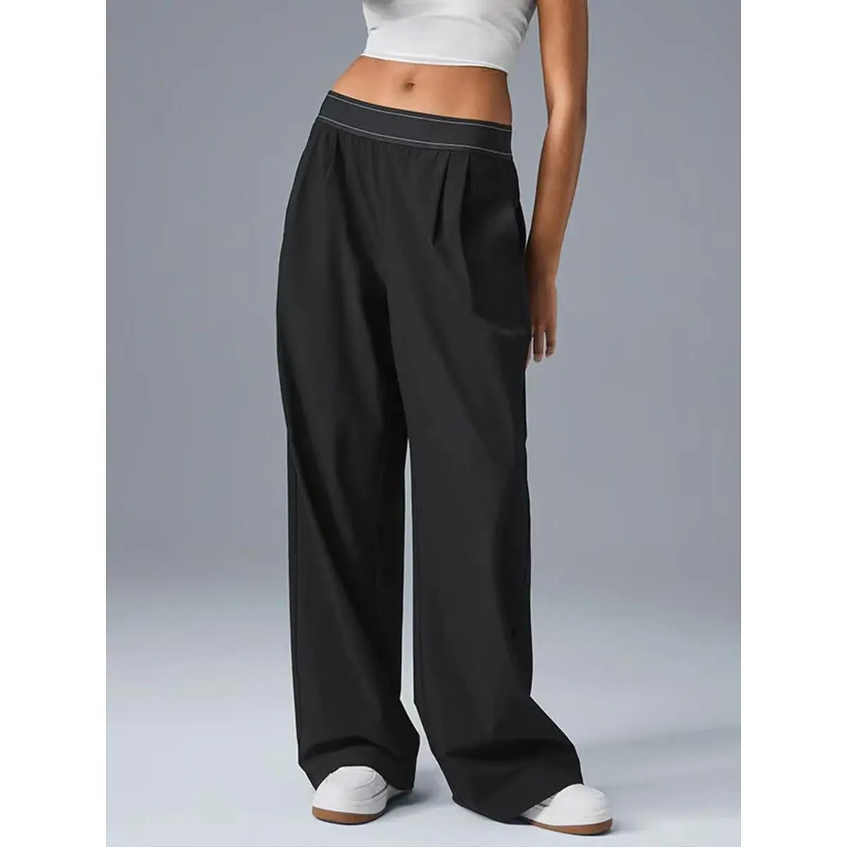 Women'S Wide Leg Yoga Pants Black Elastic Waist Loose Fit Sports Straight Pocket