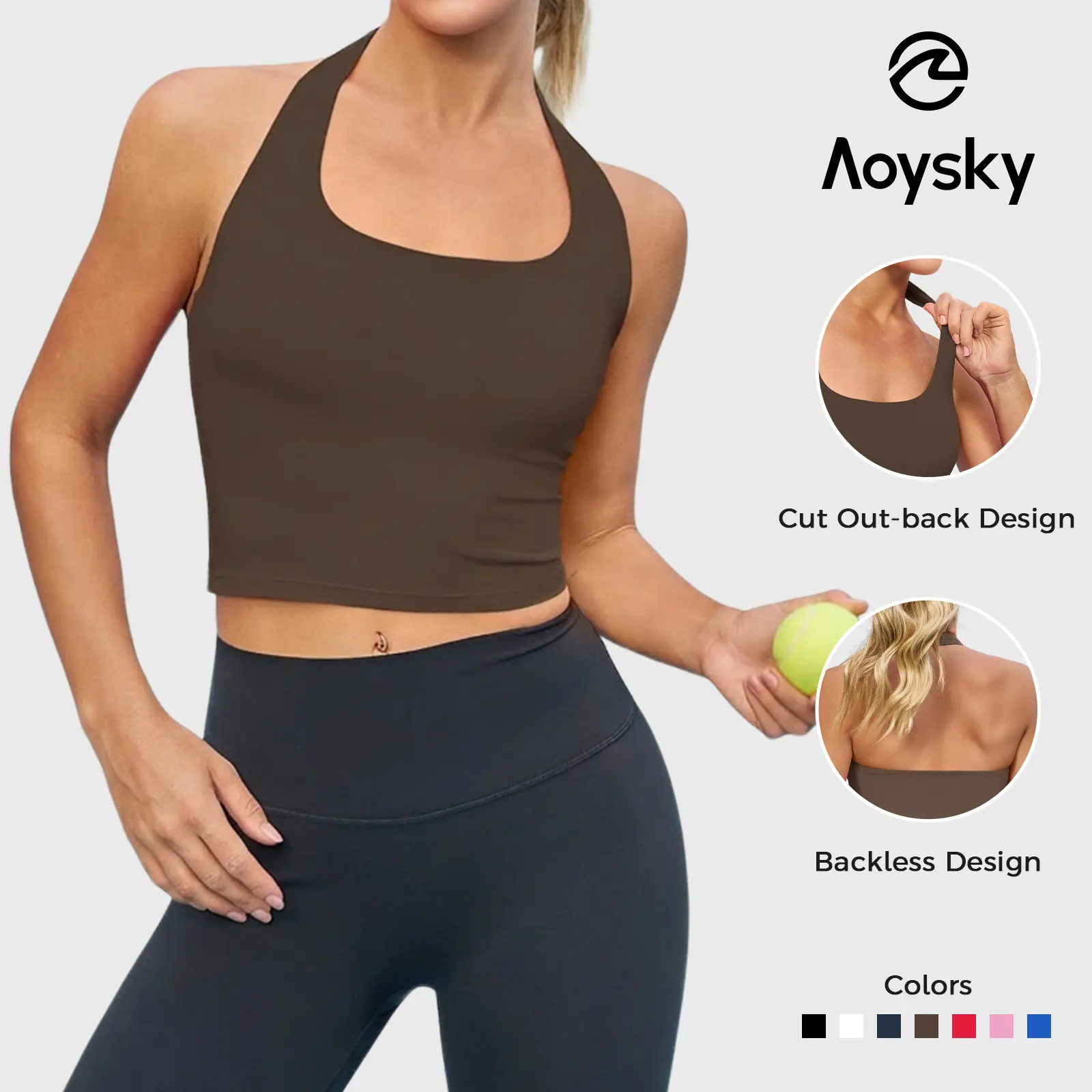 Aoysky Womens Buttery Soft Halter Workout Tank Tops with Built in Bra Cropped Pa