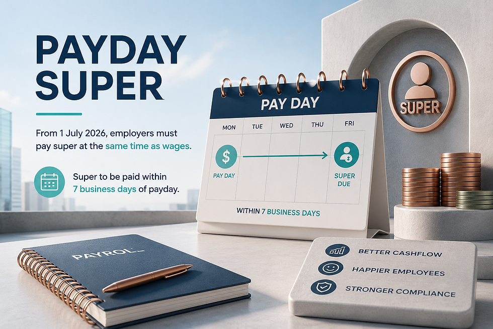 Infographic about PAYDAY SUPER with calendar, coins, and payroll notebook, saying super must be paid within 7 business days.