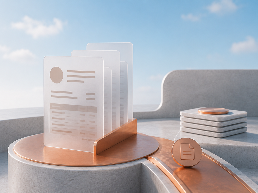 Futuristic document cards on a copper pedestal beside a file coin icon, under a bright blue sky with clouds.