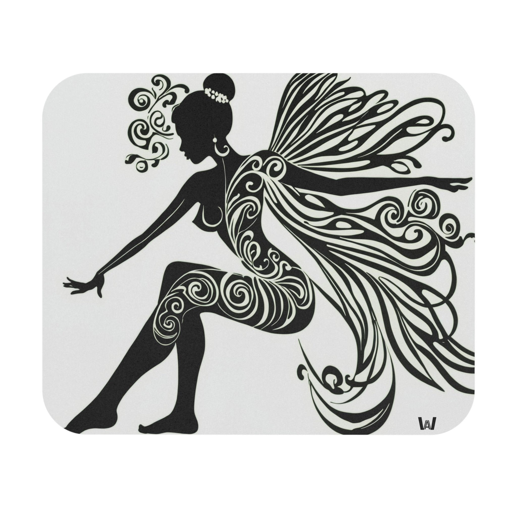Fairy Silhouette Mouse Pad | Black & White Line Art Desk Mat