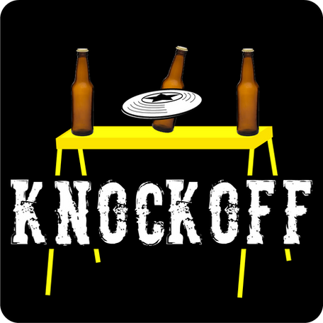 Knockoff Logo. 3 beer bottles on a yellow sawhorse. Middle bottle being hit with a frisbee. 