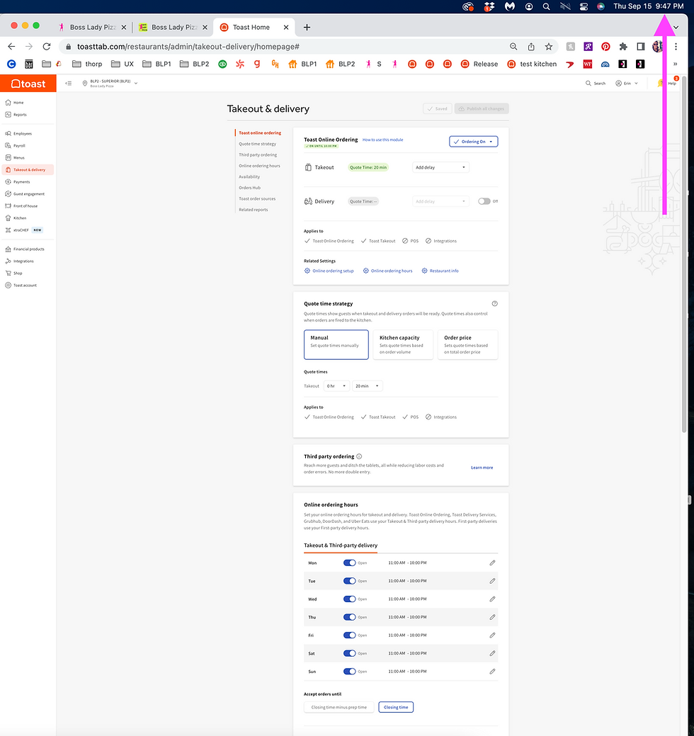 Screenshot of back-end shows restaurant is open until 10pm. Note screenshot was taken at 9:47pm.