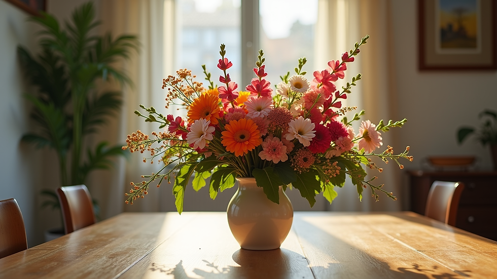 Eye-level view of a vibrant birthday bouquet with mixed flowers on a wooden table
