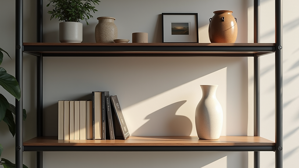 Close-up view of corner shelves with decorative items and books