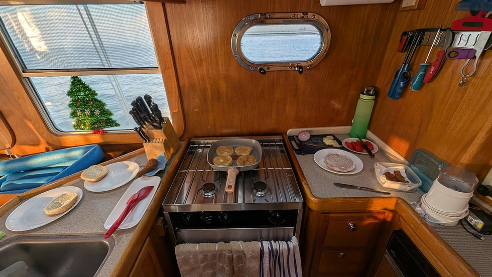 Enfin's galley is convenient at sea