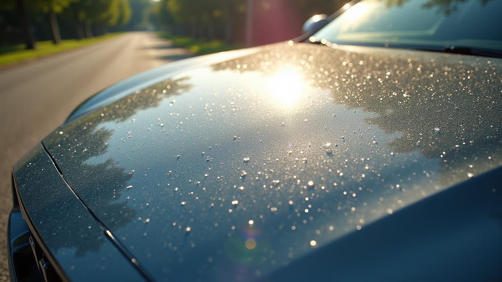 Close-up view of a shiny car hood reflecting sunlight after a wash