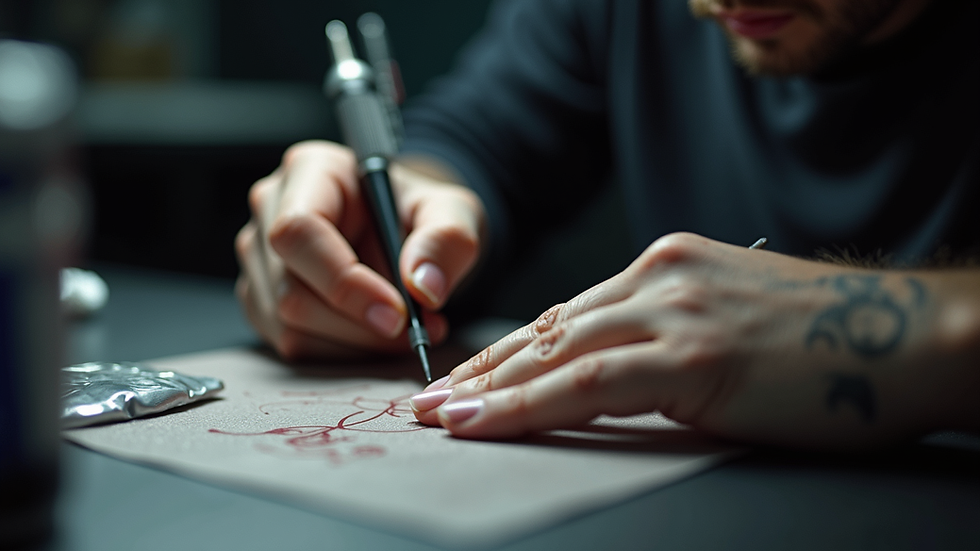 Close-up view of a tattoo artist's workspace with ink and needles