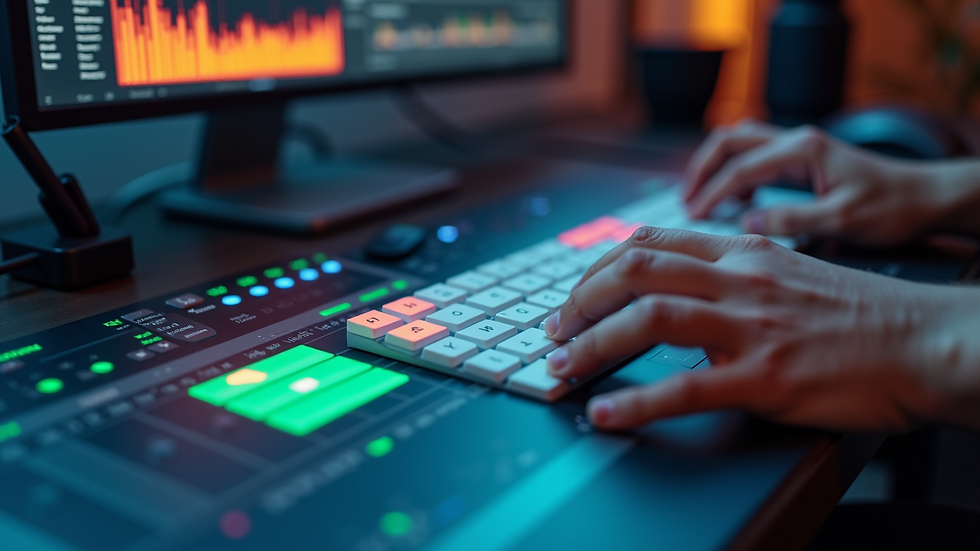 Close-up view of a video editor working on a timeline with colorful clips