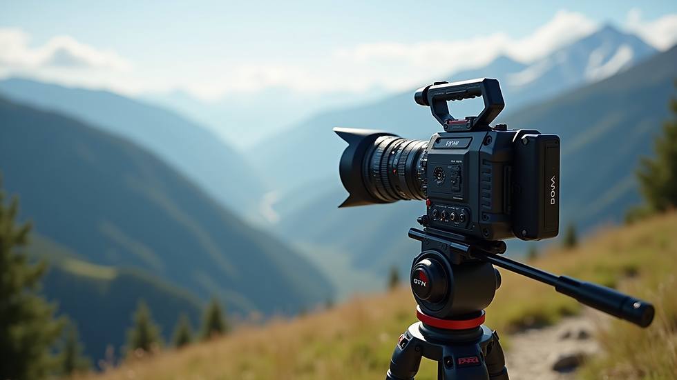 Eye-level view of a professional video camera on a tripod filming a scenic mountain backdrop