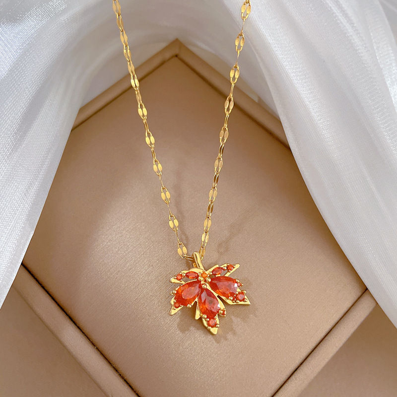 Thumbnail: DIEYURO 316L Stainless Steel Red Maple Leaf Crystal Pendant Necklace For Women G