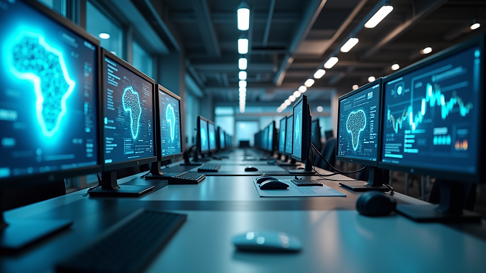 Eye-level view of a modern office workspace with AI technology on screens