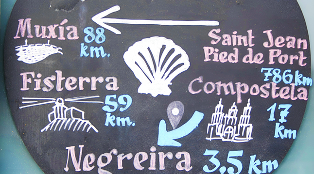 Hand-painted Camino de Santiago sign with pilgrimage distances and scallop shell symbol in Ponte Maceira, Galicia, Spain