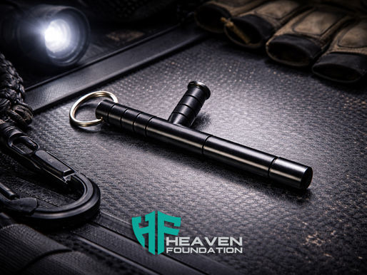 BabyTonfa nero con anello portachiavi, oggetto compatto per la sicurezza personale quotidiana ispirato al concetto tradizionale del tonfa.