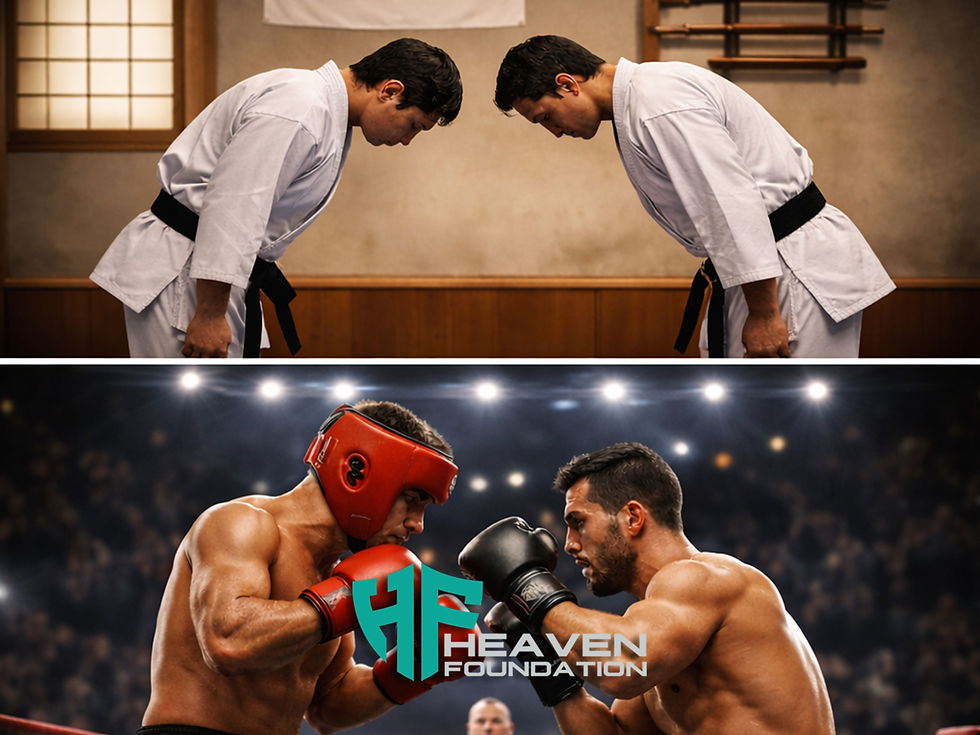 Tre scene a confronto: due praticanti di arti marziali che si inchinano, due pugili in un ring, e una donna che si difende in strada da un aggressore incappucciato, simboleggiando la differenza tra sport, disciplina e autodifesa reale in situazioni quotidiane.