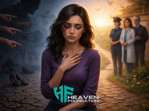 Donna con lividi sul volto seduta in primo piano in un contesto scuro mentre alle sue spalle si intravede un percorso verso figure di supporto come operatori e professionisti, simbolo dell’uscita dalla violenza e della ricerca di aiuto.