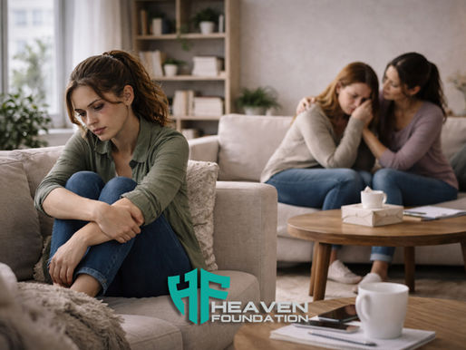 Donna seduta su un divano in un salotto luminoso, con espressione triste e riflessiva, mentre altre due donne sullo sfondo si sostengono a vicenda in un contesto di supporto contro la violenza.