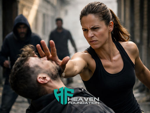 Donna che si difende da un’aggressione in un contesto urbano, colpendo l’aggressore con decisione e mantenendo consapevolezza dell’ambiente circostante, in una situazione di autodifesa reale.