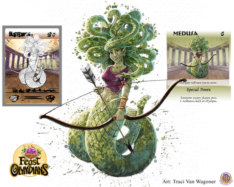 Medusa artwork with sketch and final game card