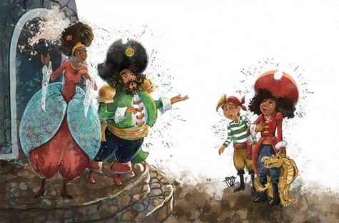 Splattery art with fun pirate characters in a whimsical style