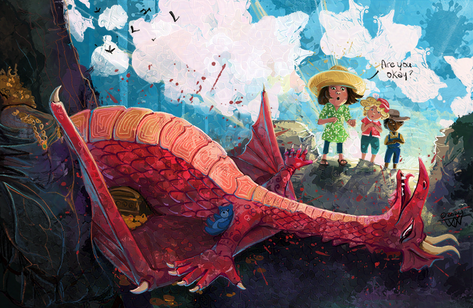 A red dragon lays on her back in a tragic pose of self pity with a treasure chest digging into her back. Three kids stand on the edge of her ledge, the main girl asking if she is okay.