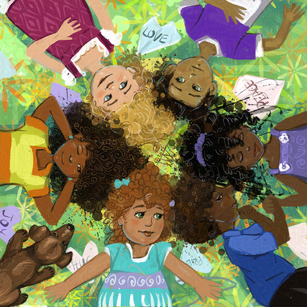 A group of diverse kids lay on the green grass full of flowers and heart notes sharing sending, love, joy and peace into the world.