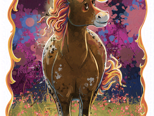Cute painting of a born fire horse from the front with a flaming mane, tail, and hocks and a splattery maroon background with a fiery border