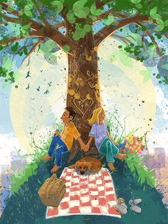 Art of a couple holding hands while leaning against a tree and sitting on a checkered picnic blanket with their dog laying between them and their initials carved within a heart on the tree trunk.