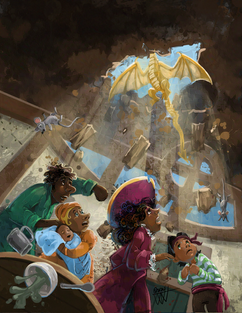 a baby yellow dragon flying up through a hole in the roof with the pirate Mom, baby, Dad, girl and boy looking up with debris and mice falling