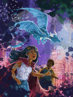 A young woman chases a small flying blue dragon with a boy watching in the background in front of a pink splattery city and purple sky