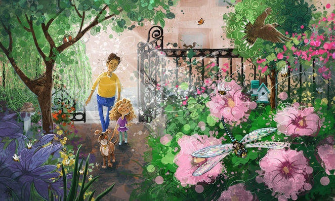 A dad, girl and dog enter a beautiful blooming garden with flowers as big as your face with dragon flies, birds, a little bird house, bees