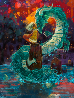 Dragon Tamer and Sea Dragon fantasy art painted by Traci Van Wagoner would make a great cover for a MG or YA fantasy novel