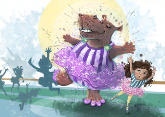 A ballerina hippo on the loose bouncing into all the other little girl ballerinas