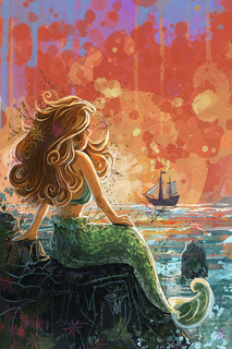 Mermaid at sunset in a splatter paint style in bold orange and yellow contrasting the green of the mermaid's tail