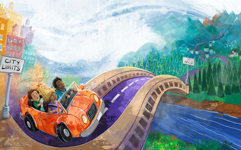A family in an orange car driving out of hte city over a bridge and through the woods to Grandma's house in the boonies