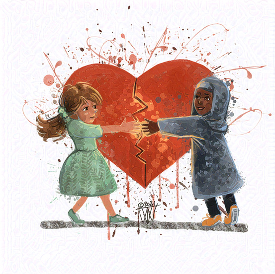 Two girls of diverse cultures and race help fix a big broken heart togehter in solidarit