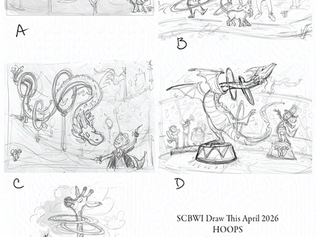 Sketch options for the prompt word Hoops for SCBWI Draw This April 2026