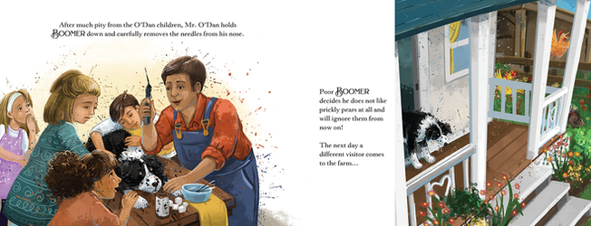 Boomer the Border Collie picture book interior spread with both the text and the art