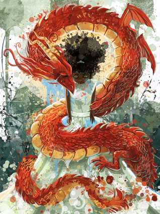 A girl of color stands in a flowing off-white dress with a red dragon intertwining around her with both their heads together sharing tears.