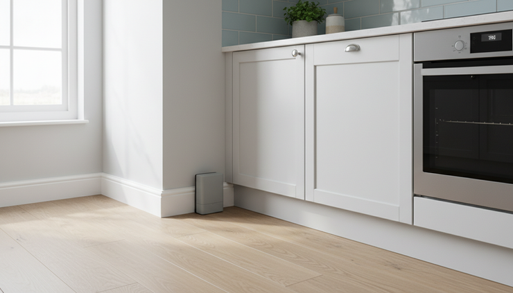 Wide-angle view of a tidy kitchen with pest monitoring placed discreetly near skirting