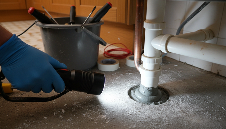 Close-up view of a pest control inspection torch beside a sealed access gap