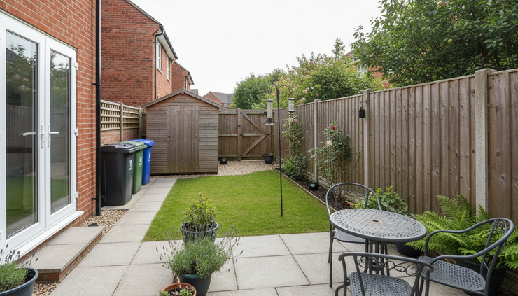 Wide-angle view of a tidy garden beside a Northampton-style brick house.