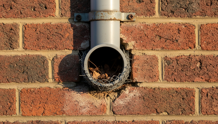 Close-up view of a small gap around an exterior pipe on a brick wall.