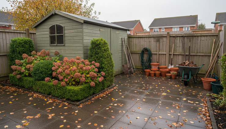 Wide-angle view of an autumn garden shed beside trimmed shrubs.