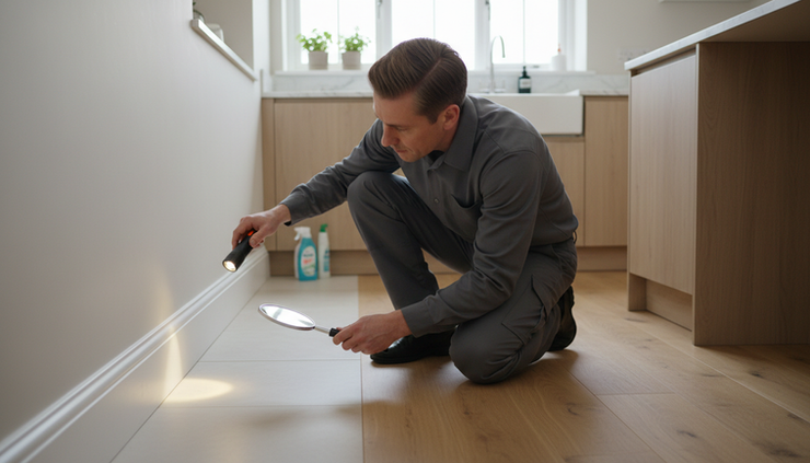 Eye-level view of a technician inspecting a kitchen skirting board for pest activity