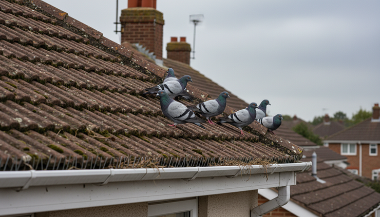 Eye-level view of pigeons gathered on the edge of a tiled roof near guttering