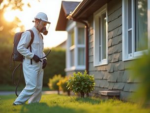 Frost Pest Control technician inspecting a home exterior for pests