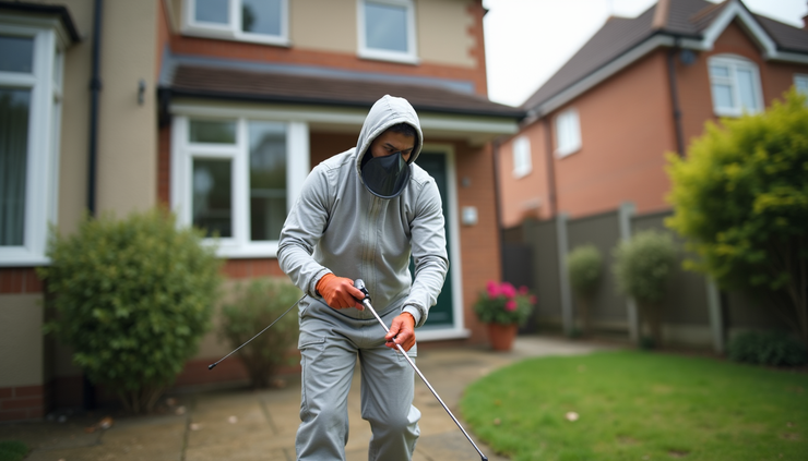 Eye-level view of a pest control technician inspecting a residential property in Milton Keynes