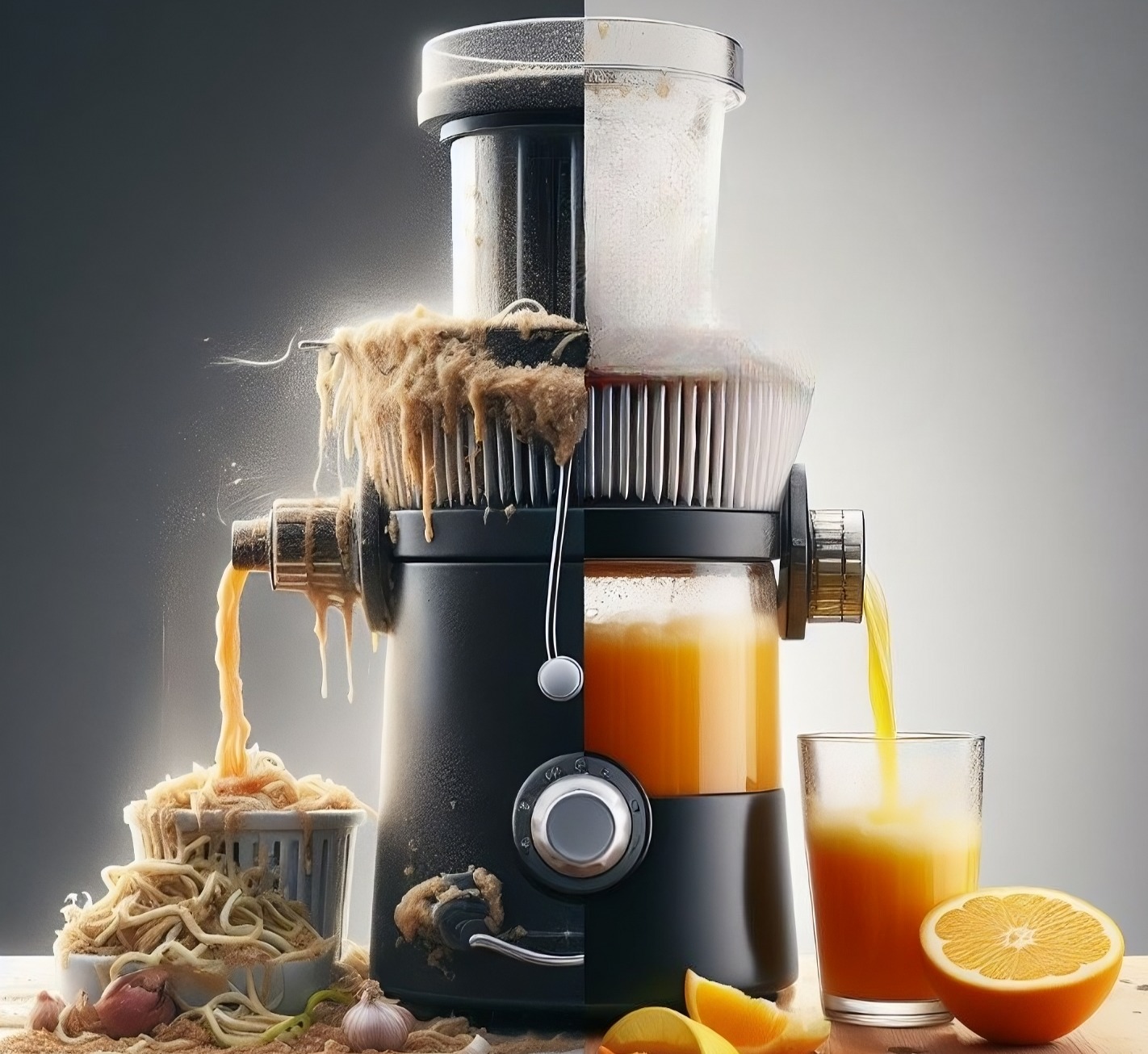 disassembled juicer clogged with fruit pulp